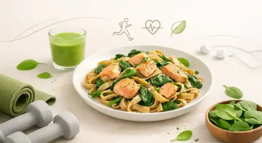 Pyszna pasta z łososia ze szpinakiem, zielony koktajl i akcesoria do ćwiczeń – idealny zestaw dla aktywnych.