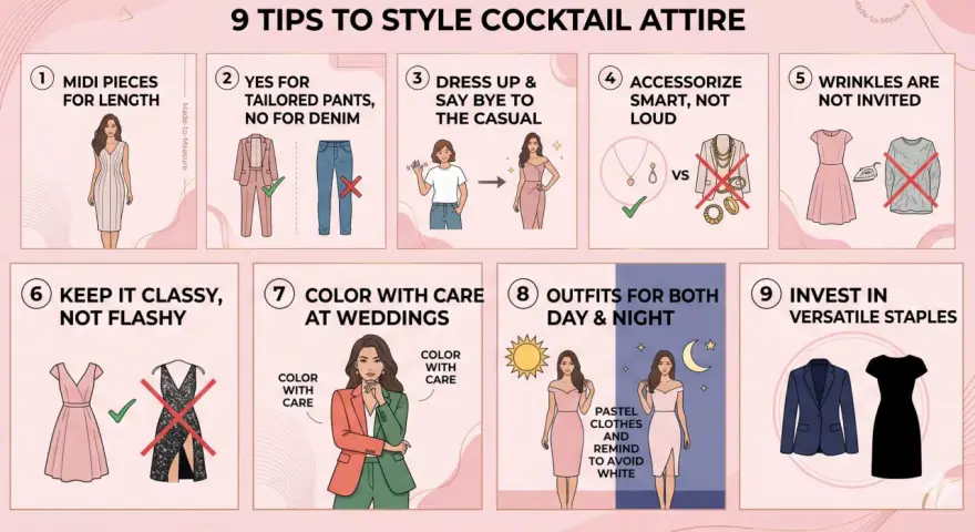 Guía de 9 consejos para el dress code cocktail: midi, pantalones sastre, accesorios sutiles, sin arrugas, clase, colores y versatilidad.