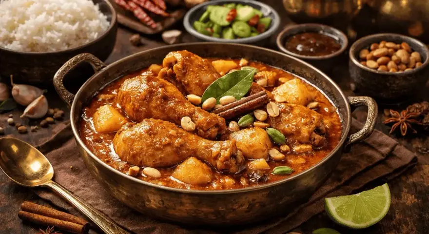 En skål med kyckling i en rik massaman curry, toppad med jordnötter och kanel. Serveras med ris och lime.