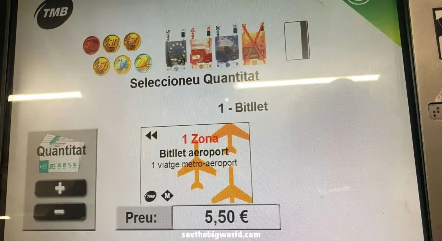 Buying a ticket at the Barcelona airport metro station. The screen shows options for quantity and ticket type, with a price of 5.50€.