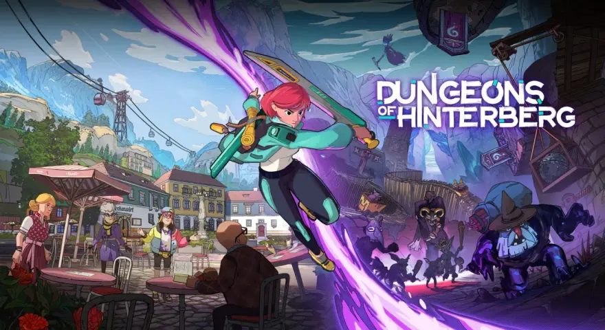 Una heroína con espada se lanza contra monstruos en las **dungeons of Hinterberg**, un pueblo alpino con teleféricos.