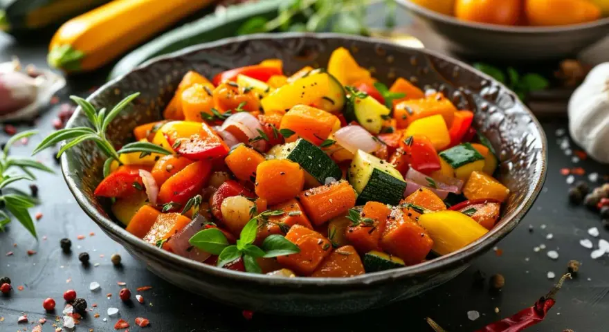 Un bol de poêlée de légumes colorée, avec des dés de courgettes, poivrons, oignons et carottes, assaisonnée d'herbes fraîches.