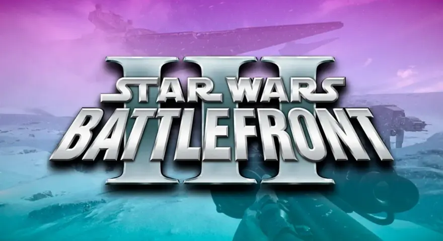 El logo de Star Wars Battlefront III sobre un paisaje nevado con un AT-AT y una nave estelar.