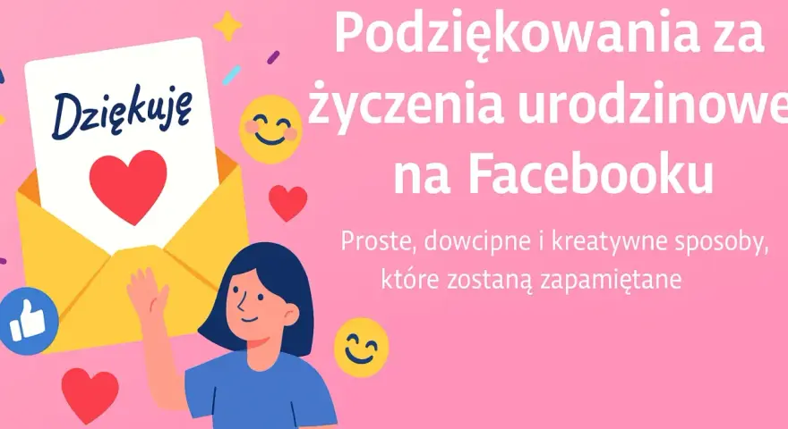 Podziękowania za życzenia urodzinowe na Facebooku. Uśmiechnięta dziewczyna z kopertą i sercem.