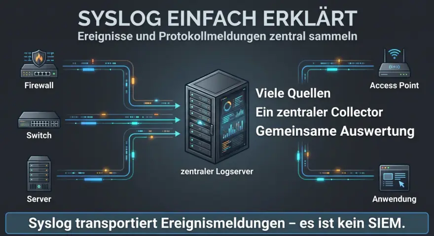 Syslog erklärt: Firewall, Switch, Server, Access Point und Anwendung senden Ereignismeldungen an einen zentralen Logserver. Das sind die Logfiles.