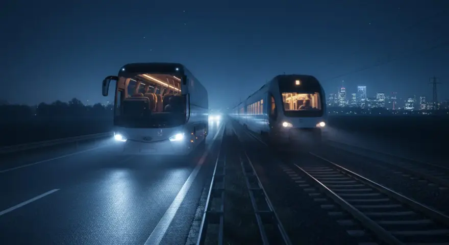 Nocny autobus i pociąg jadą równolegle. W tle widać nocne miasto, sugerujące podróż Berlin-Warszawa Express.
