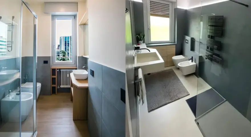 Planimetria bagno stretto e lungo con doccia, lavabo, bidet e WC.