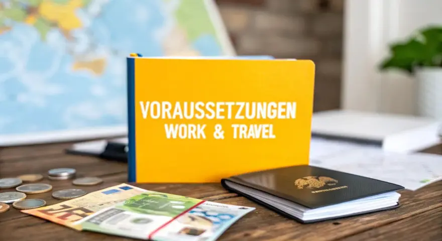 Ein Buch mit dem Titel "Voraussetzungen Work & Travel" liegt neben einem Reisepass, Geld und Münzen. Perfekt für die Planung nach dem Studium!