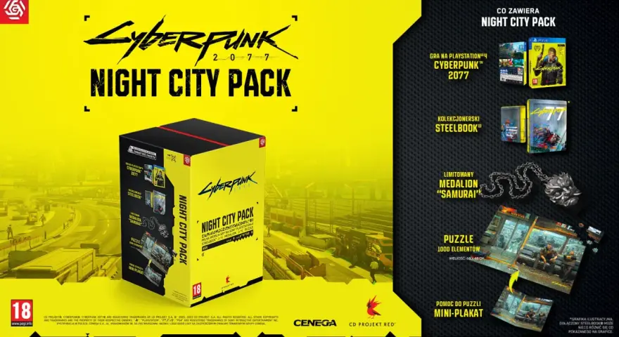 Opakowanie gry Cyberpunk 2077 Night City Pack z zawartością: gra PS4, steelbook, medalion, puzzle i plakat.