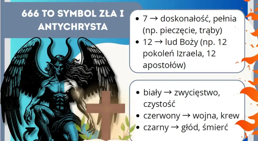 Symbolika z Apokalipsy św. Jana: 666 to znak Antychrysta. Liczby 7 i 12 oznaczają doskonałość i lud Boży. Kolory: biały (zwycięstwo), czerwony (wojna), czarny (śmierć).