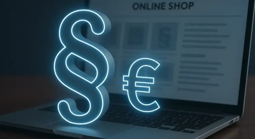 Ein Paragrafzeichen und ein Euro-Symbol leuchten auf einem Laptop mit "Online Shop" im Hintergrund.