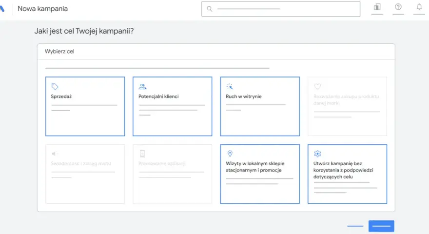 Wybór celu kampanii sem: Sprzedaż, potencjalni klienci, ruch w witrynie, rozważenie zakupu, świadomość marki, promocja aplikacji, wizyty w sklepie.