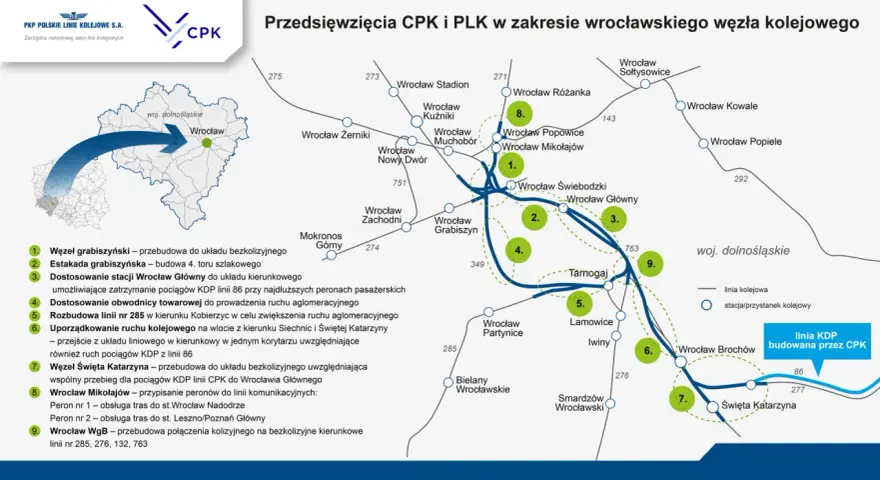Mapa przedstawia planowane inwestycje kolejowe w rejonie Wrocławia, w tym modernizację węzła Grabiszyńskiego i budowę linii KDP.