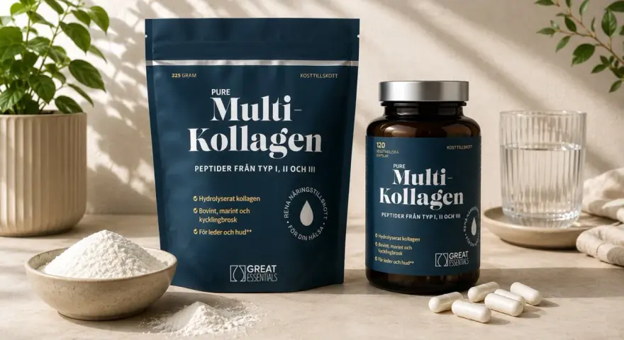 Pure Multi-Kollagen, ett kosttillskott som kan vara ett stöd vid klimakteriet. Finns som pulver och kapslar.