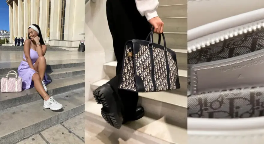 Kobieta w pastelowej sukience i sportowych butach prezentuje różową christian dior torebkę. Obok, inna torebka Dior w granatowe monogramy.