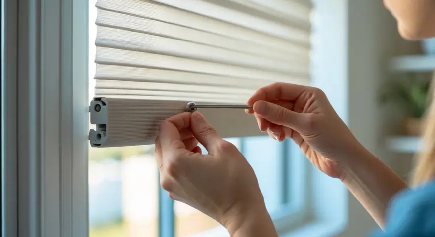 Hands carefully attach a blind to a window frame, demonstrating how to install blinds for a clean, modern look.