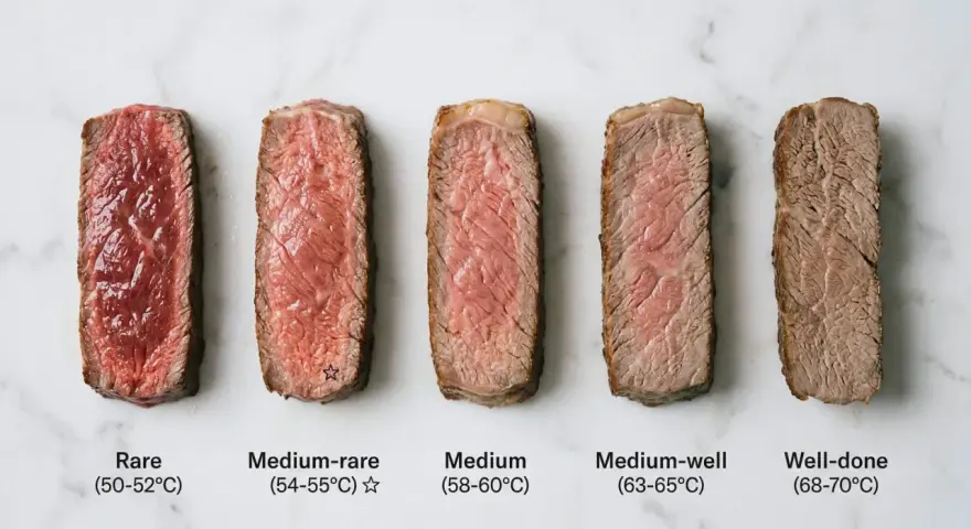 Pięć przekrojonych steków prezentuje różne stopnie wysmażenia: od krwistego (rare) po dobrze wysmażony (well-done), z zaznaczonym medium-rare.