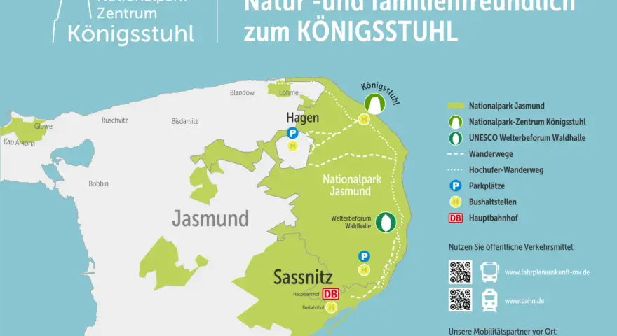 Karte des Nationalparks Jasmund mit Wanderwegen, Parkplätzen und Bushaltestellen. Ideal für nationalpark jasmund wandern.
