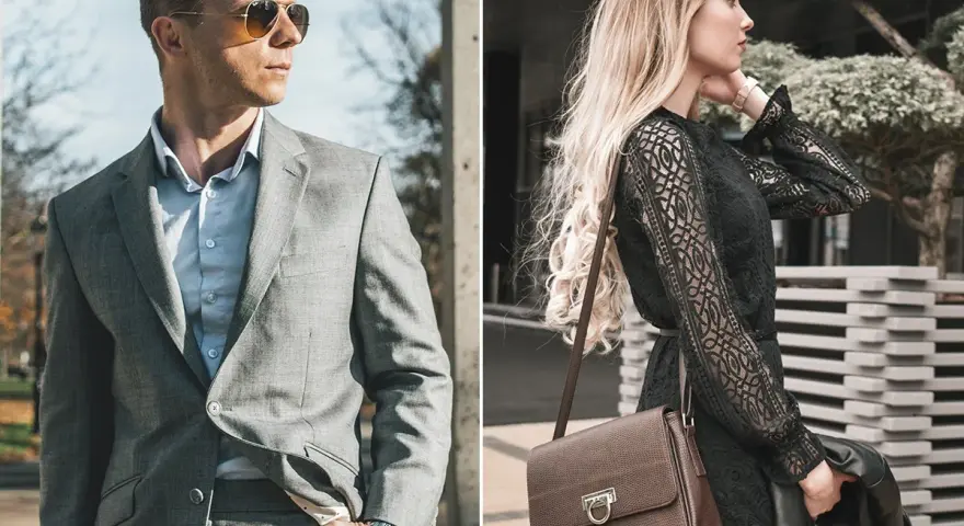 Elegancki mężczyzna w garniturze i kobieta w czarnej sukience, uosabiający styl francuski moda.