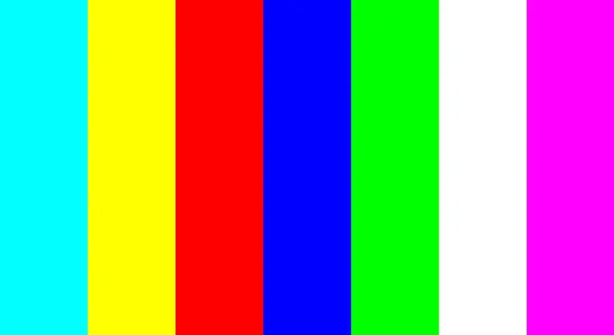 Bunte Streifen: Türkis, Gelb, Rot, Blau, Grün, Weiß, Pink. Ein Testbild, um einen Pixelfehler zu beheben.