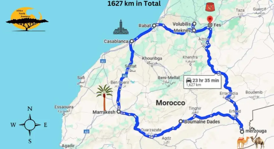 Mapa de rutas por Marruecos, con un recorrido de 1627 km que incluye ciudades como Marrakech, Fes y Merzouga.