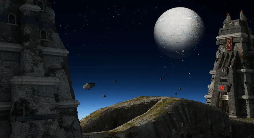 Ruinas de piedra en un mundo alienígena, con un gran planeta en el cielo estrellado. Un escenario perfecto para un combate de Unreal Tournament.