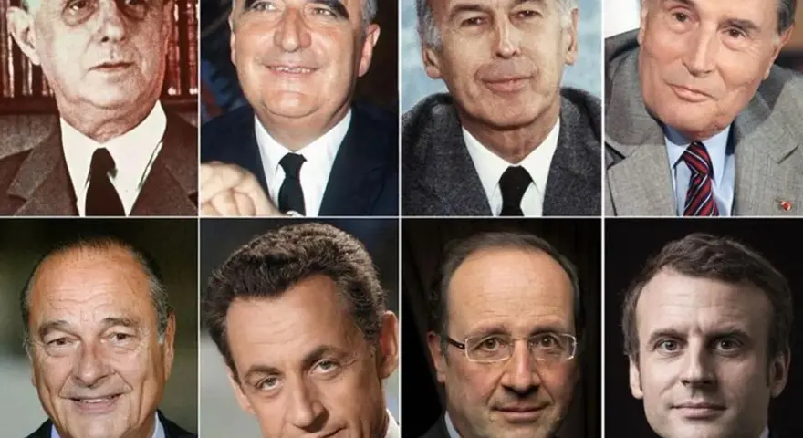 Collage de portraits de la liste des présidents français depuis 1900 : de Gaulle, Pompidou, Giscard d'Estaing, Mitterrand, Chirac, Sarkozy, Hollande, Macron.