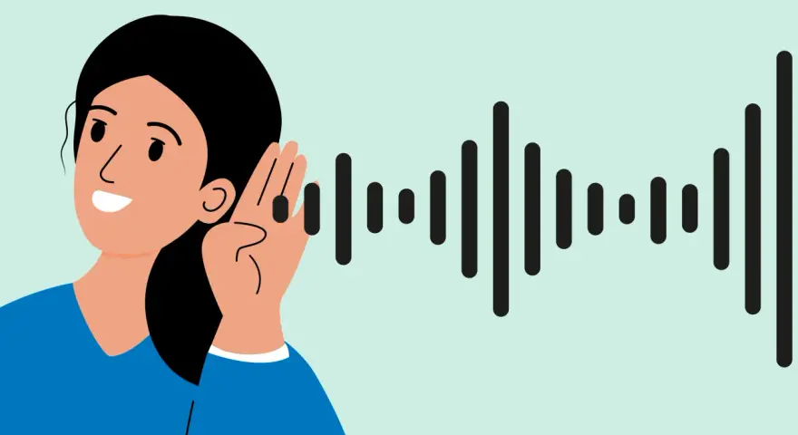 Une femme écoute attentivement un graphique d'ondes sonores, symbolisant la pollution sonore.