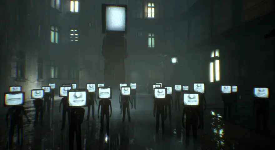 Postacie z telewizorami zamiast głów, stojące w deszczu. To obraz przerażającej dystopii, gdzie jednostka jest zastąpiona przez ekran.
