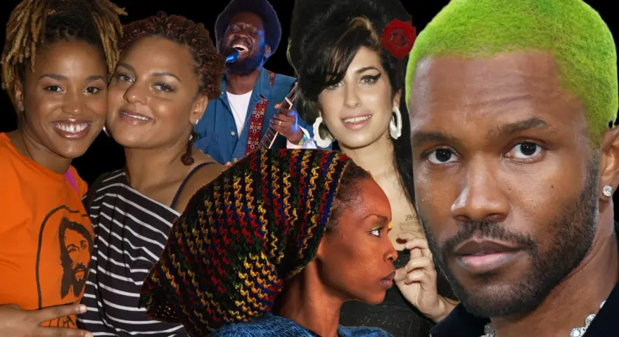 Collage von neo soul artists: Erykah Badu, Amy Winehouse, Frank Ocean, Michael Kiwanuka und anderen.