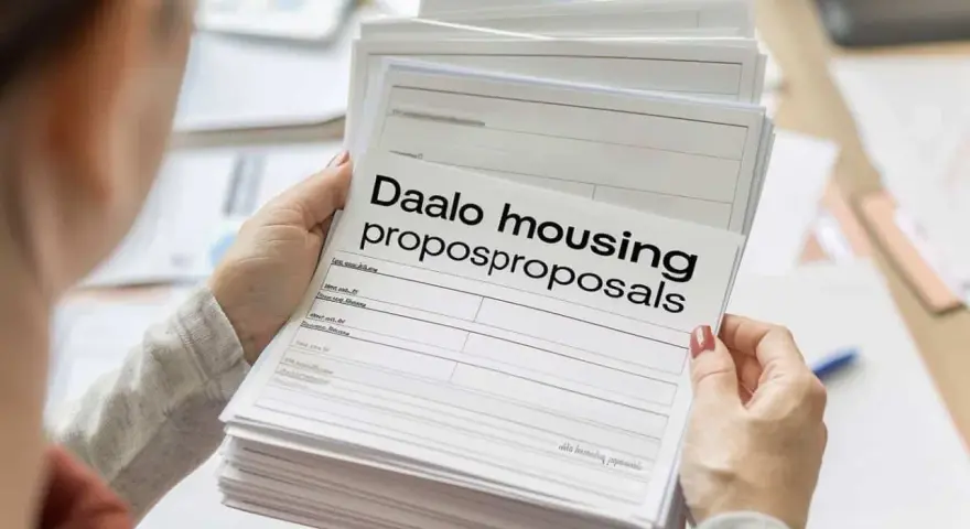 Une personne examine une pile de documents intitulés "Daalo housing proposproposals". Difficile de dire combien de propositions de logement DALO sont incluses.
