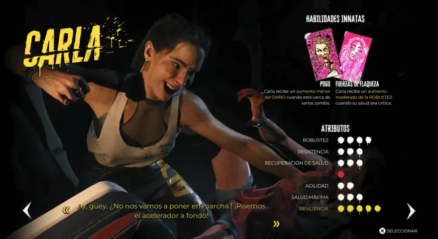 Carla, una de los personajes de Dead Island 2, lista para la acción. Sus habilidades y atributos se muestran en pantalla.