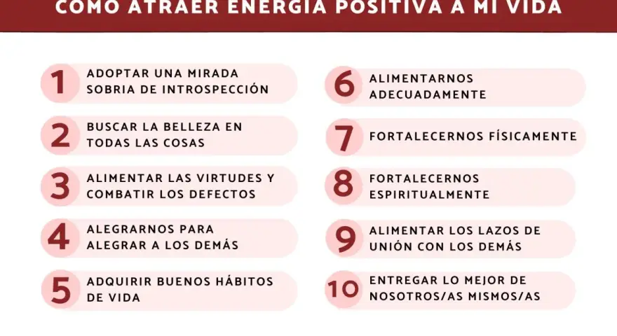 Lista de 10 pasos para atraer energía positiva: introspección, belleza, virtudes, alegría, hábitos, alimentación, físico, espiritualidad, unión y entrega.
