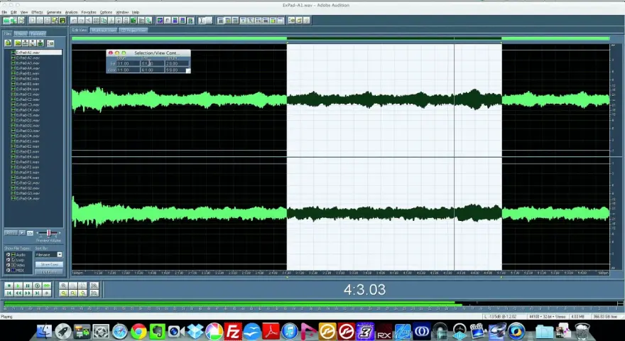 Edytor dźwięku z listą plików audio, w tym "ExPad-A1.wav". Widoczne fale dźwiękowe i kontrolki odtwarzania. To jest **sample wtyczka** w akcji.