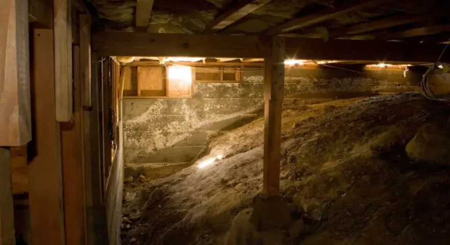 Underneath a house, a crawl space with a dirt floor and concrete walls. A vapor barrier is being installed to protect against moisture.