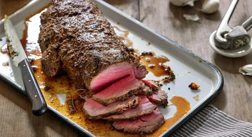 Roast beef jugoso y rosado en una bandeja, con un cuchillo y ajos al fondo.