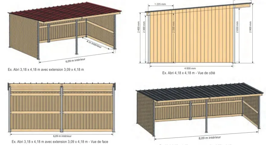 Schémas d'abris pour chevaux, montrant différentes dimensions et configurations. La hauteur abri chevaux varie, avec des mesures indiquées en millimètres et mètres.