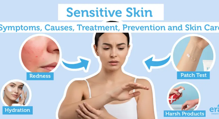 Infographic on sensitive skin, showing redness, hydration, patch testing, and avoiding harsh products. Essential skincare tips for sensitive skin.