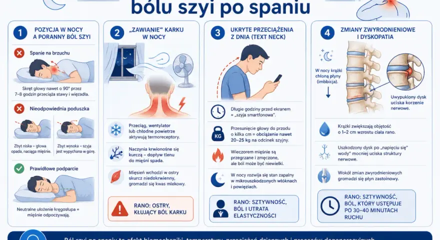 Ból szyi po spaniu? Zobacz, jak złagodzić poranny ból karku, sztywność i utratę elastyczności. Poznaj przyczyny i sposoby na ulgę.