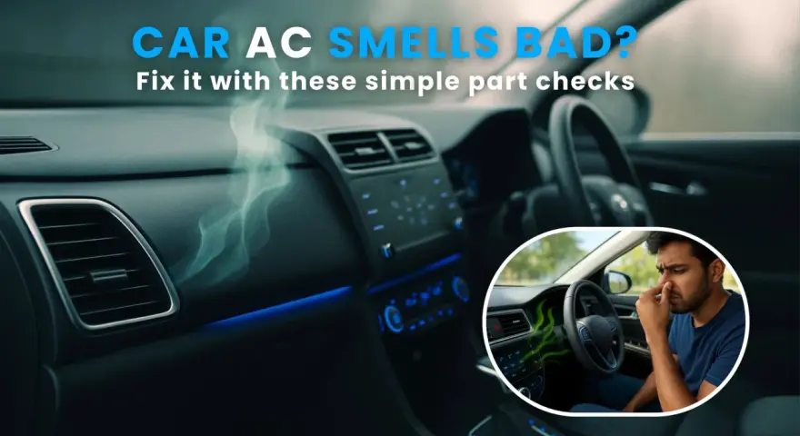 Car AC smells bad? Learn how to remove bad smell from AC car with simple checks. A man pinches his nose in a car with green fumes from the vents.