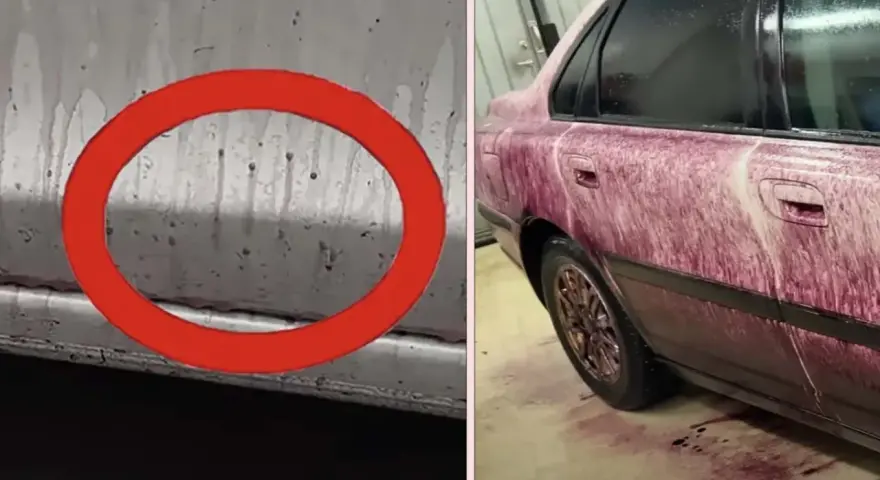 Bilens sida täckt av lila vätska, troligen flygrostborttagare OKQ8, som rinner ner.