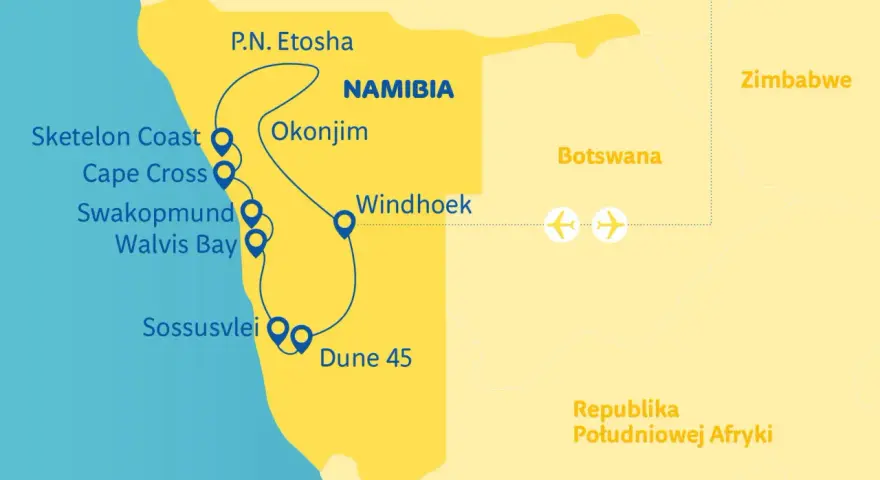 Mapa z trasą podróży po Namibii: wybrzeże, Etosha, Sossusvlei. Idealna na namibia turystyka.