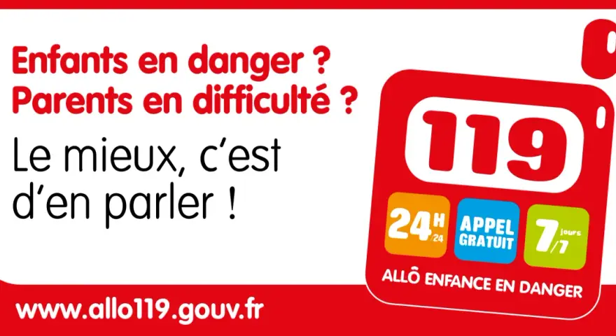 Logo du 119 "Allô Enfance en Danger" avec le slogan "Le mieux, c'est d'en parler !".