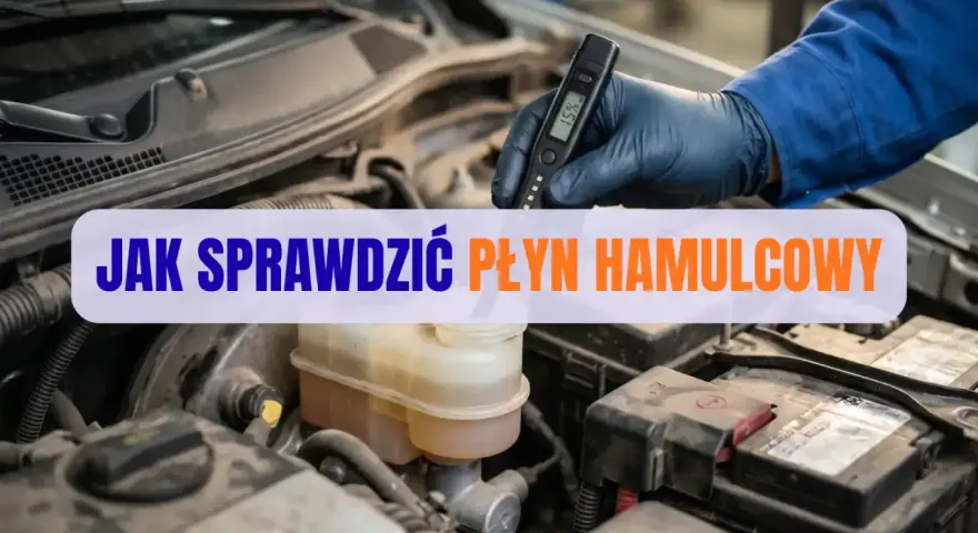 Mechanik w rękawiczce sprawdza testerem poziom płynu hamulcowego w komorze silnika.