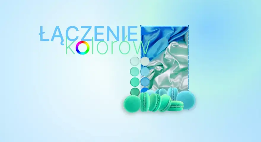 Łączenie kolorów: paleta odcieni niebieskiego i zielonego, jedwabne tkaniny oraz makaroniki.
