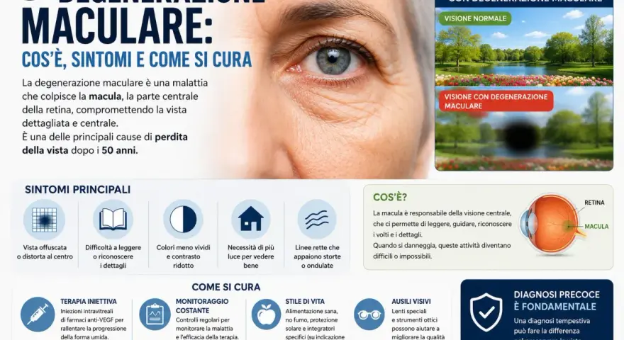 La degenerazione maculare è una delle principali cause di perdita della vista dopo i 50 anni, compromettendo la visione centrale.