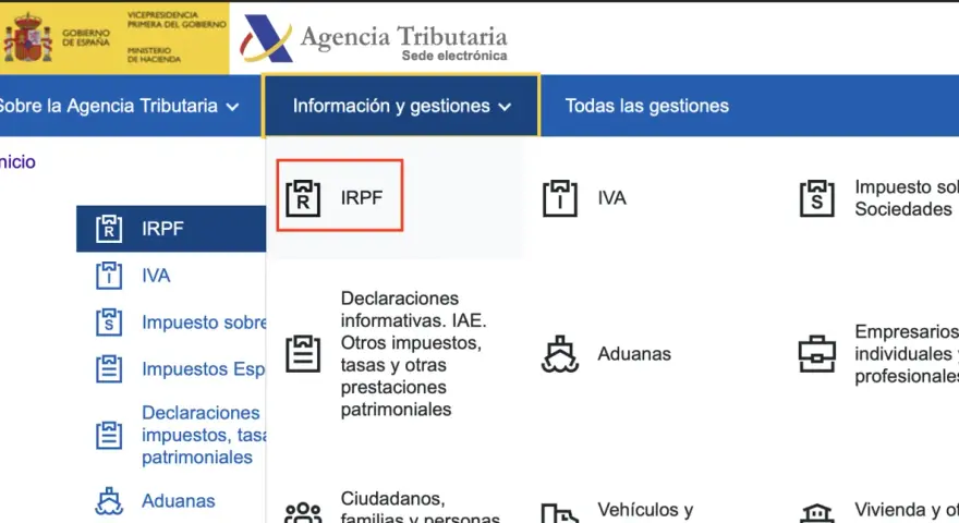 Página de la Agencia Tributaria con opciones como IRPF, IVA, Impuesto sobre Sociedades. El modelo 100 AEAT se gestiona aquí.