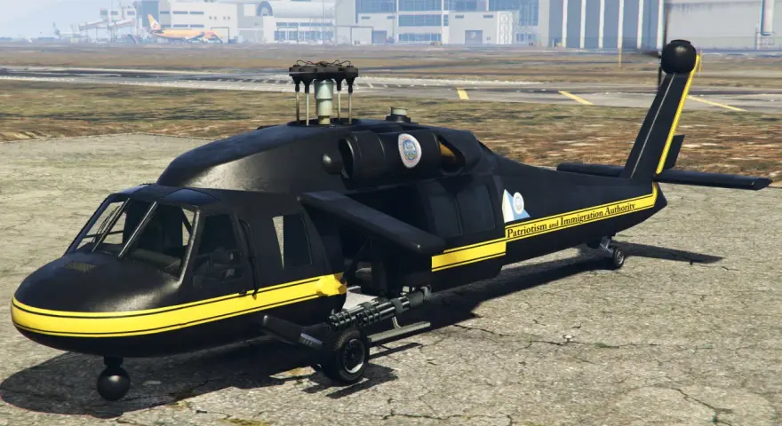 Czarny helikopter z żółtymi pasami i napisem "Patriotism and Immigration Authority". Idealny do misji w GTA San Andreas, jeśli znasz kod na helikopter.