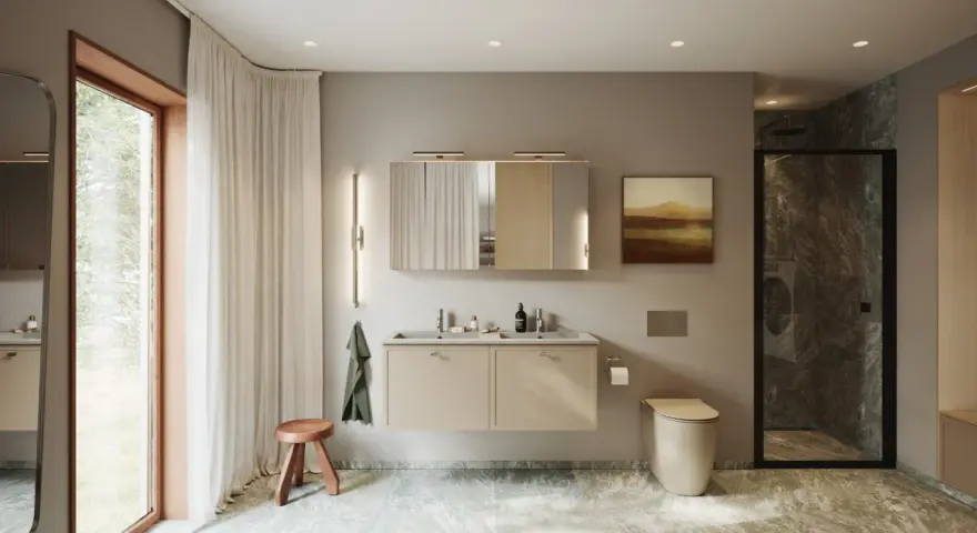 Modernt badrum med dubbla handfat, beige kommod och dusch. Perfekt badrum inspiration för ett stilrent hem.