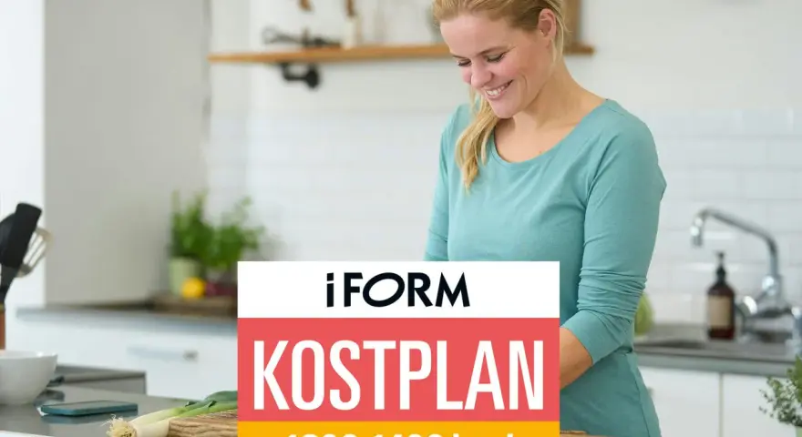 Glad kvinna i köket förbereder mat enligt en kostplan på 1300 kalorier per dag.